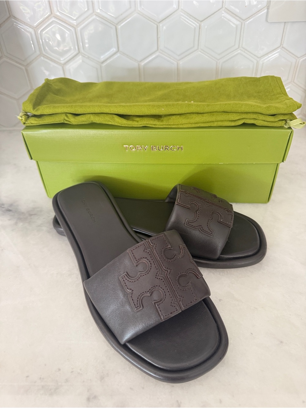 Tory Burch Dark Brown Leather Logo Slide Sandals
